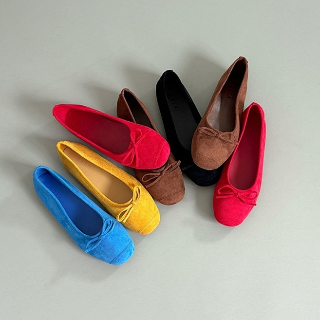 [당일발송] 스웨이드 리본 플랫슈즈 말랑 쿠션 몰드창 여성 단화 데일리슈즈 (레드/블루/블랙/브라운/머스타드/핑크)