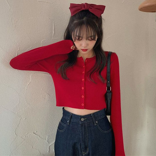 핀디걸 여성 슬림 크롭 긴팔 니트 가디건 A-10