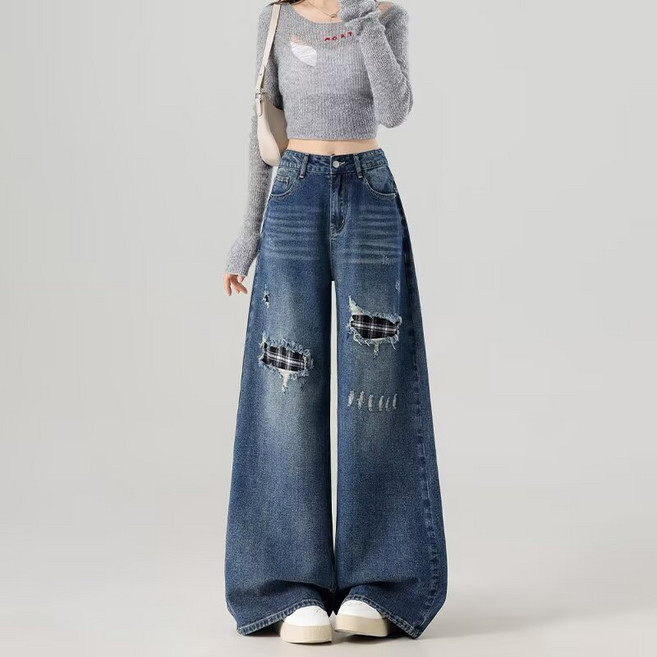 SAHINER 여성 데님 와이드 팬츠 하이웨스트 찢어진 봄용 바지 BNZ75