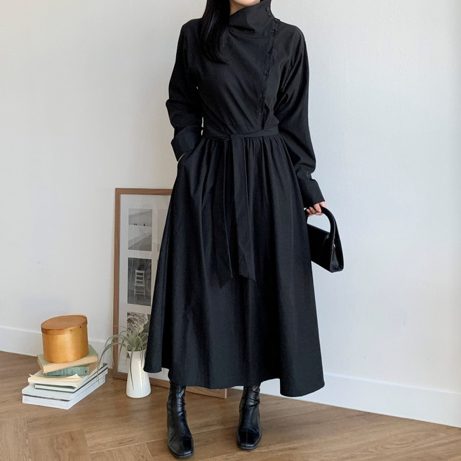 더한땀 어반 버튼 하이넥 맥시 원피스 하객룩