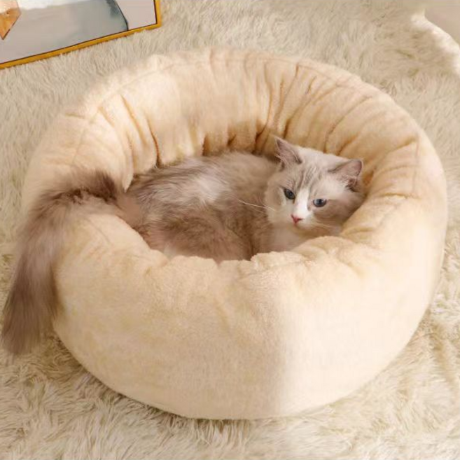 Equator 반려동물 도넛모양 따뜻한 폭신 쿠션 고양이 겨울용, 1개, 크림색