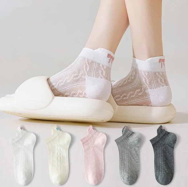 SwanCode 뒤축 리본 통기성 얇은 여성양말단목 6켤레
