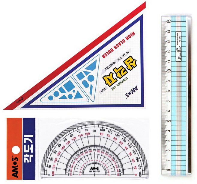 AMOS 각도기 + 삼각자 + 15cm 컷팅자 세트, 1세트
