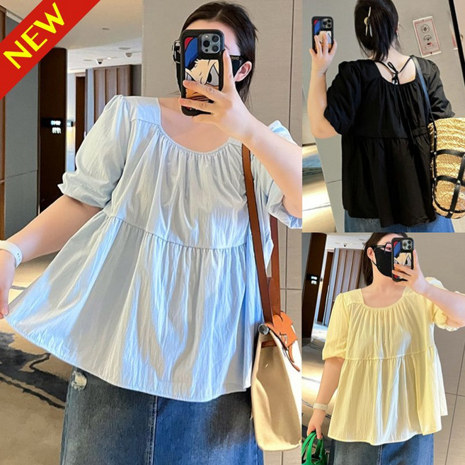 (매진 임박) 150kg까지 빅사이즈 여성 입체 플리츠 프릴 퍼프 날씬해보이는 블라우스 여름 편한 모던 독특한 언밸 펀칭 패치워크 우아한 이쁜곳 스트랩 디자인 스위트 브라우스