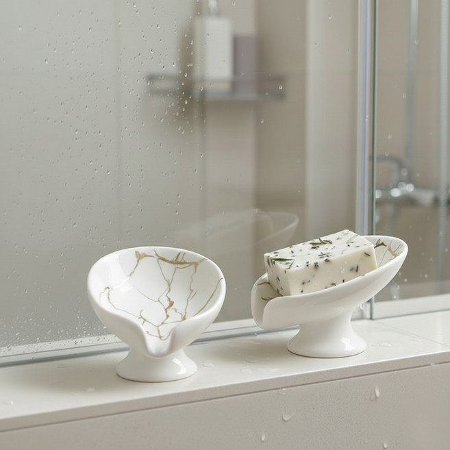 Ecolive 세라믹 나무잎 모양 비누 받침대, 화이트, 1개