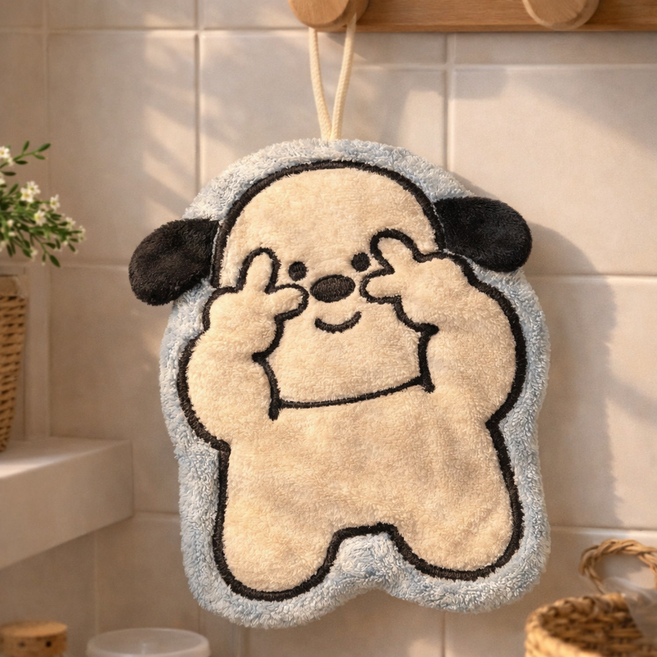 후암마켓 귀여운 캐릭터 극세사 욕실 핸드 고리 주방 타월 수건, 1개, 하얀강아지