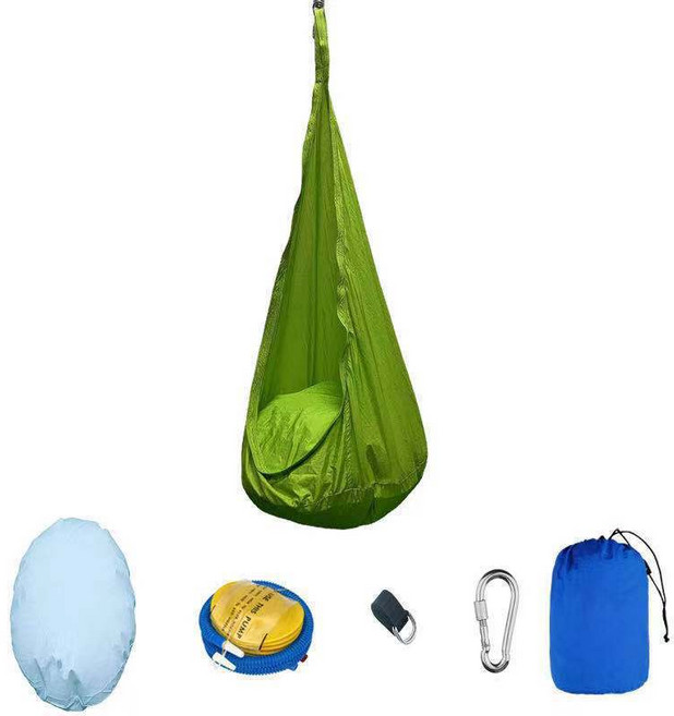 新款兒童吊椅歐美便攜式降落傘布鞦韆床室內庭院創意款, 1個, 150*70cm尼絲紡吊椅全套綠色