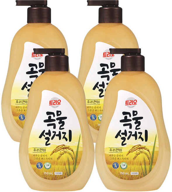 트리오 곡물설거지 우리현미 주방세제 용기, 750ml, 4개