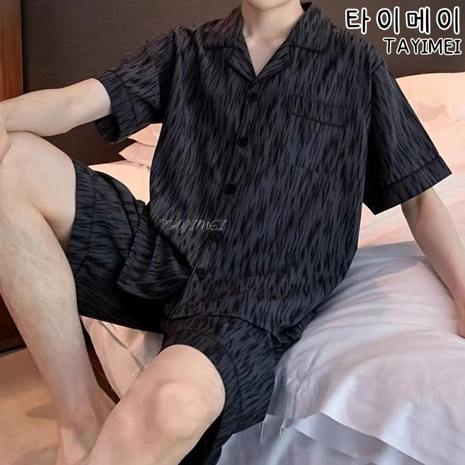 타이메이 파자마 남성 여름 파자마 반팔 반바지 얇은 남성 남성 블랙 스트라이프 홈웨어