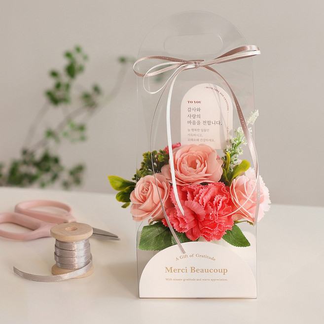 라일라 비누꽃 카네이션 로즈 화분 핸들캐리어 선물 세트 어버이날 스승의날 가정의달 기념일, 핑크, 1개