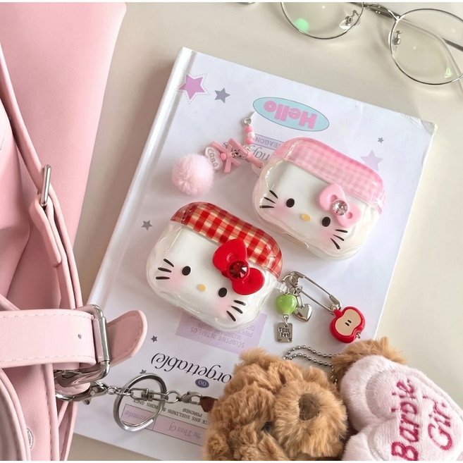 키링포함 리본 고양이 에어팟 케이스, 1세트, 레드, 에어팟4세대