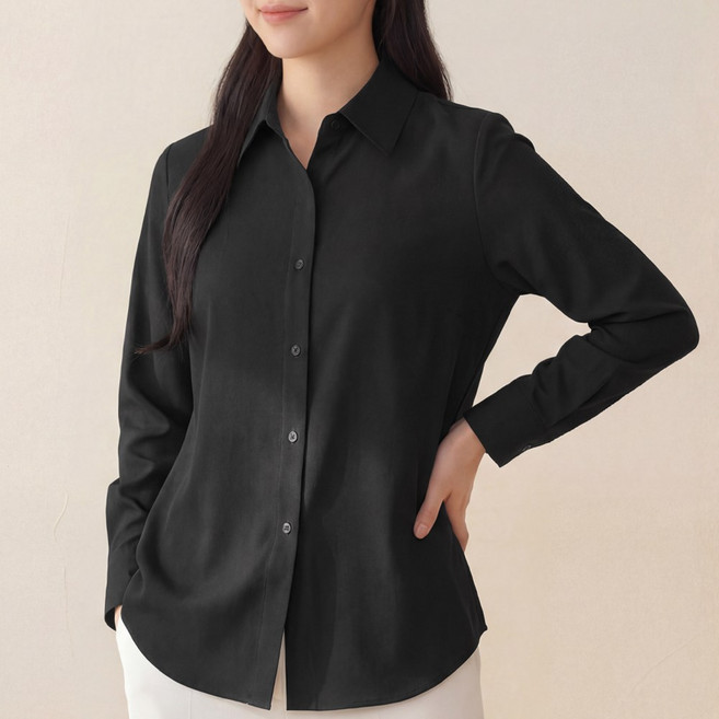 라뷰드 여성 심플 베이직 셔츠 봄가을 간절기 긴팔 남방 세미 루즈핏 카라넥 블라우스 레이어드 거즈 상의