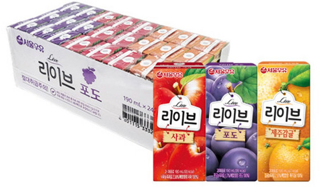 서울우유 리이브 시리즈 각8팩(사과8+포도8+오렌지8), 24개, 190ml