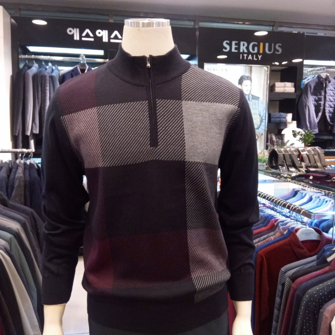 세르지오 에스에스패션 남성복 브랜드 부드러운촉감 은은한 패턴 간절기 네이비 반집업 니트 티셔츠