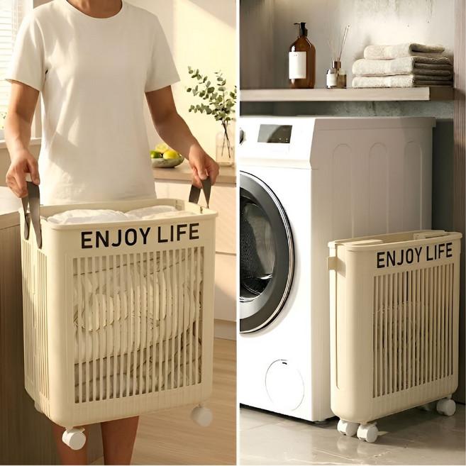 도토리컴퍼니 빨래바구니 대용량 접이식 이동식 세탁바구니, 버터