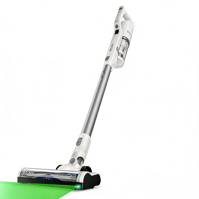 무선 청소기 BLDC 모터 저소음 H14 헤파필터 레이저 그린라이트 먼지탐지 반려동물 털 카펫 청소 초경량, ROUNY-V3, 흰색