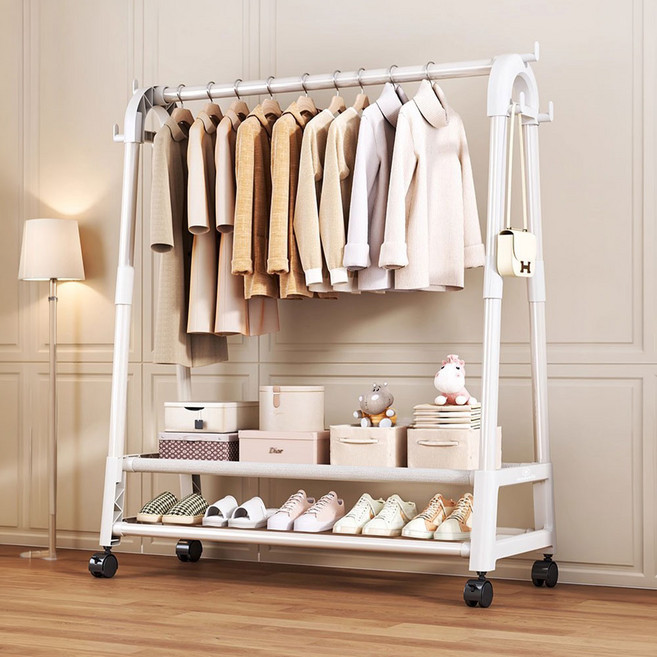 허니앤코 튼튼한 2단 철제 스탠드 이동식 옷걸이 행거, 화이트