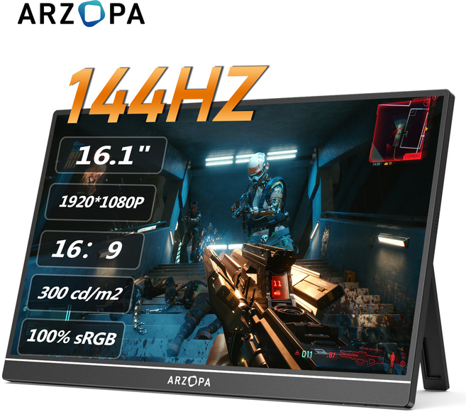 ARZOPA 아르조파 16.1인치 144Hz FHD 1080P 100%sRGB IPS 휴대용 게이밍 모니터 노트북 맥북 PS5 스위치용, Z1FC, 40.92cm