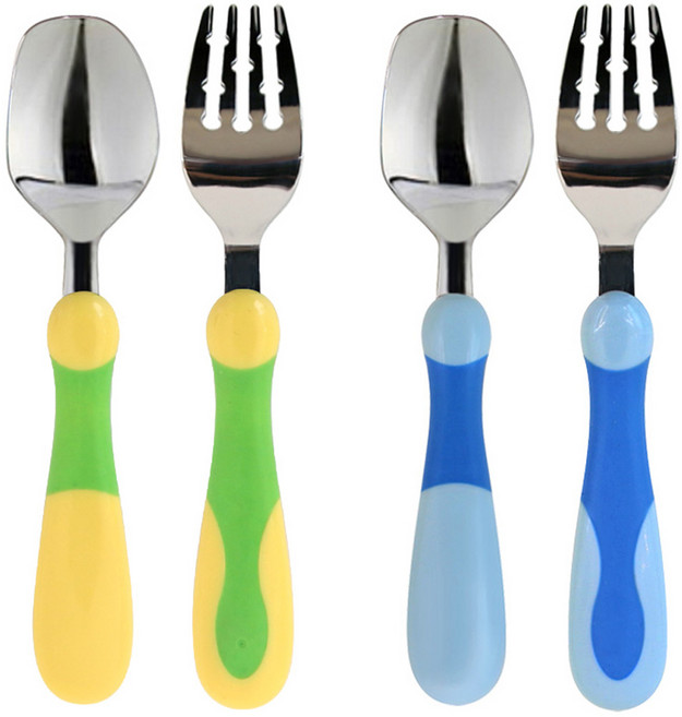 [국내산]스텐핏 논슬립 이중핸들 스푼포크 2세트 (스푼2p + 포크2p), 4개, 스푼 포크, 노랑 블루