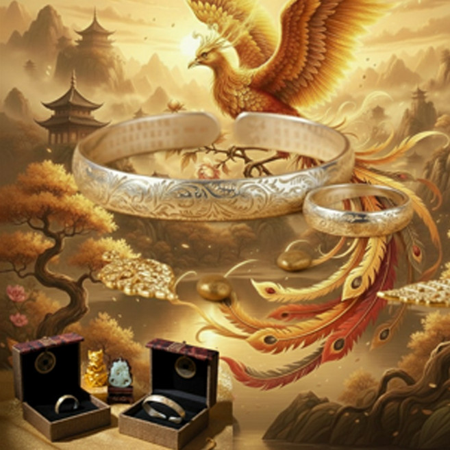 소담소담스토리 행운 액막이 은도금 황금 봉황 수공예 반야심경 뱅글 팔찌&반지+고급케이스증정