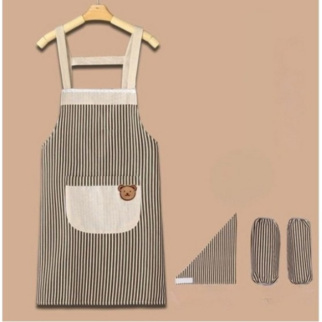 데일리 심플 스트라이프 다용도 줄무늬 앞치마 +소매 커버 + 두건 H360, 1개, 브라운