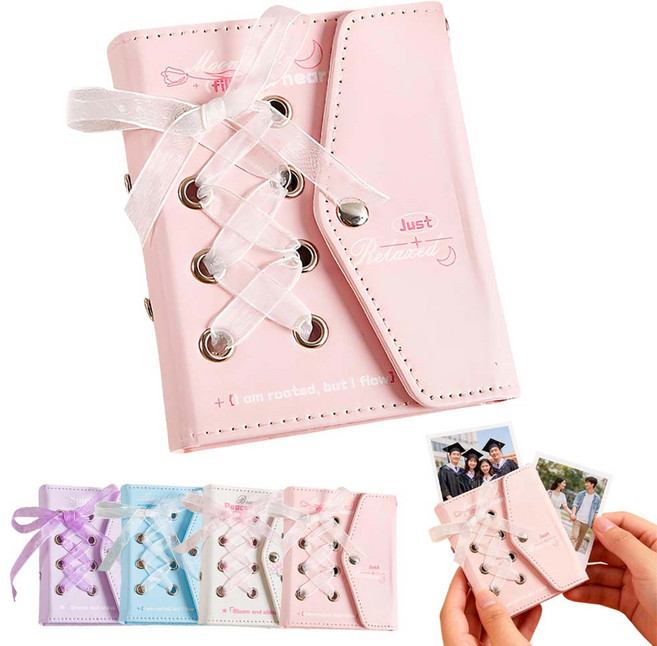 루베이 미니 3공 포카바인더 앨범 방수 가죽 커버 + 양면속지 메모/카드/스티커/사진, 핑크색, 20매