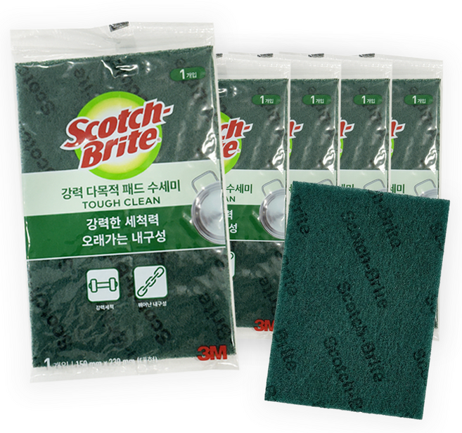 3M 다목적수세미 대형 강력 청소 녹색수세미 패드 AL-345 (대 150x230mm) (개별포장), 1세트, 5개