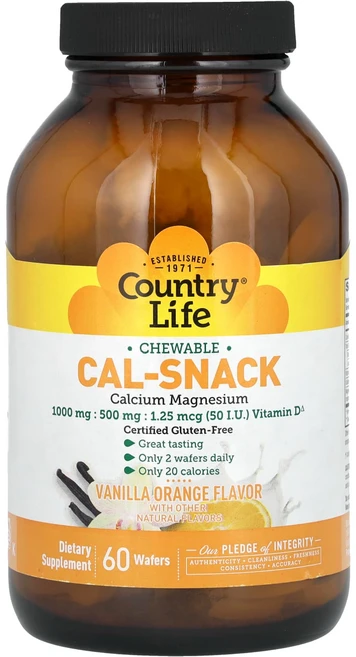 Country Life Cal-Snack 츄어블 칼슘 마그네슘 바닐라 오렌지 웨이퍼 60개, CountryLifeCalSnack츄어블칼슘마그네슘바닐, 1개, 60정 - 쿠팡