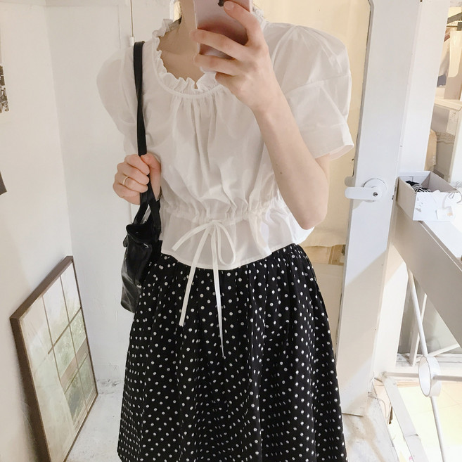 허리 스트링 셔링 반팔 블라우스