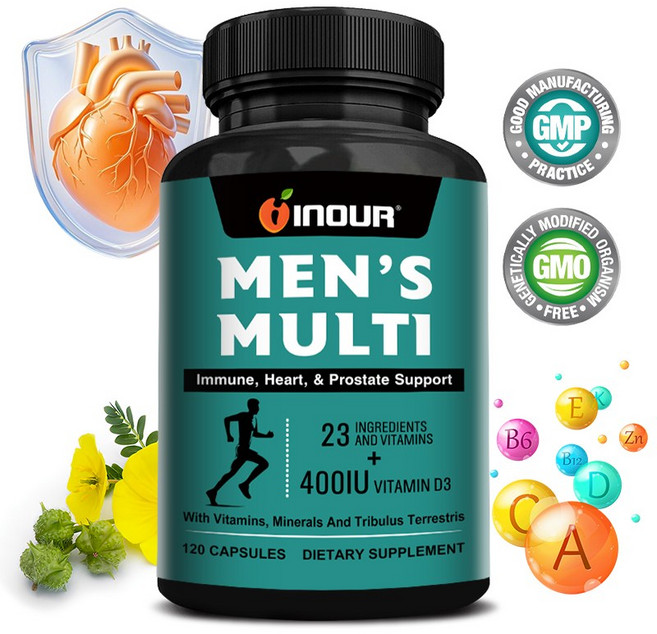 남성 종합 영양제 23종 멀티비타민 60/120캡슐 고함량 비타민D3 400IU + 아연 + 트리뷸러스 + L-아르기닌 생강 녹차 추출물 함유, 2개, 60정