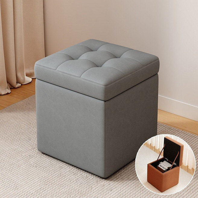 WHH 수납 가죽 스툴 현관 의자, 1개, 다크 그레이