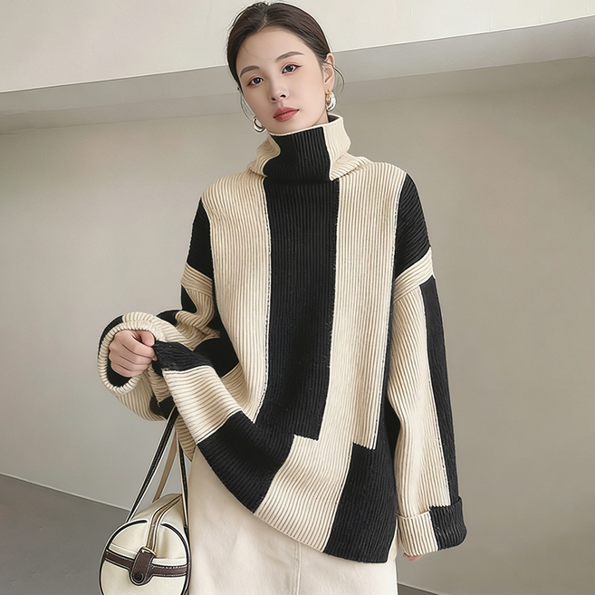 여성용 스트라이프 터틀넥 니트 가을 겨울 루즈핏 편안한 데일리 코디 하늘비즈