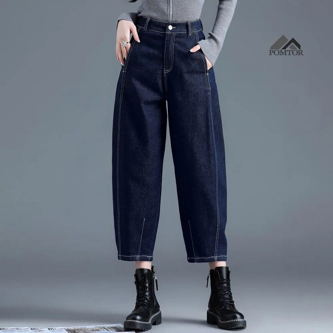POMTOR 여성 편한 워싱 와이드 데님 팬츠 빅사이즈 배기 청바지
