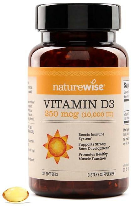 NatureWise 네이처와이즈 비타민 D3 4000 IU 프리 글루텐 냉압착 올리브 오일 캡슐 옐로우 360개 192030, 10,000iu, 30 Count (Pack of 1), 1개