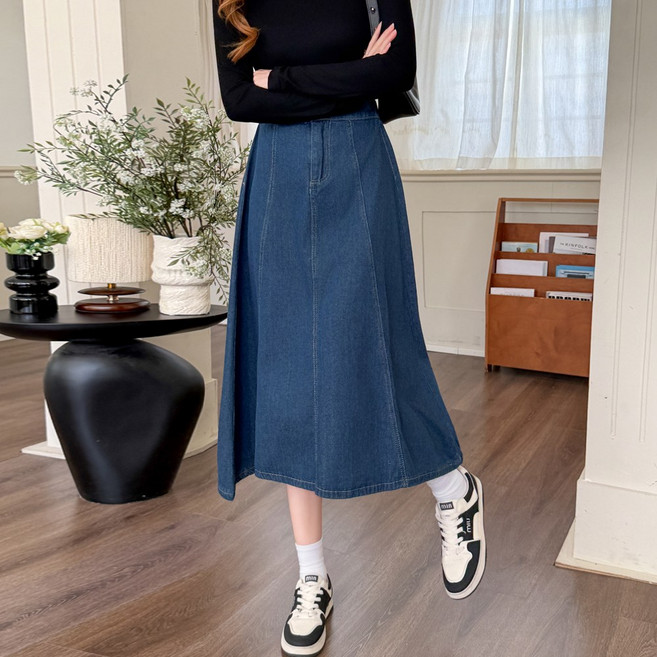 화지나무 빅사이즈 A라인 뒷 밴딩 데님 청치마 롱 스커트
