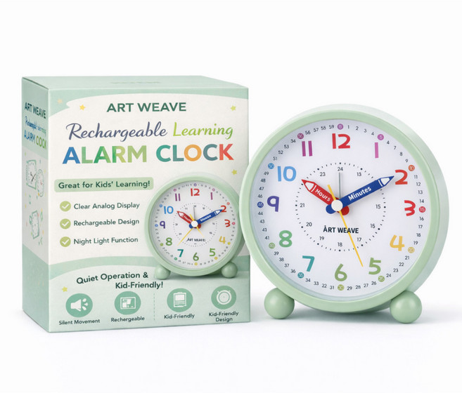 아트위브 시계공부 학습겸용 컬러풀 알람 탁상시계, 라운드 그린