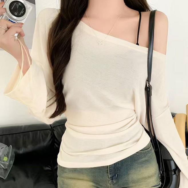 cammello 리본 테일 포인트 언발란스 넥 시스루 긴팔 티셔츠 자외선차단 티