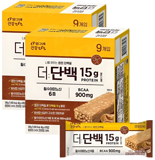 빙그레 더단백 단백질바 프로틴 크런치바 피넛버터(40g 9개입), 360g, 2세트