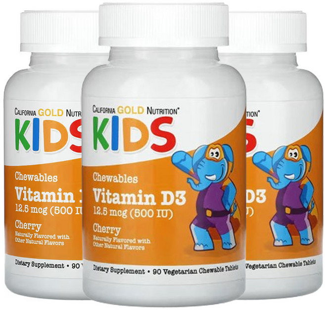 CGN 어린이를 위한 츄어블 비타민 D3 천연 체리 맛 12.5mcg(500IU) 90식물성 정제, 3개, 60정