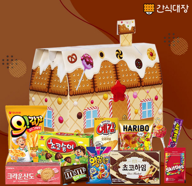 달달한 나만의 집 쿠키하우스 종합선물세트 포카칩 초코하임 초코송이 핵아이셔 프링글스 오마이봉 미니벨 네모스낵 까먹는 망고 젤리, 1개, 11종 세트 1개