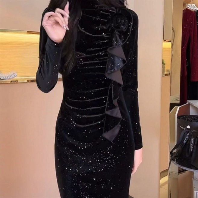 Vezri 여성 봄 가을 겨울 하이넥 슬림핏 롱 드레스 긴팔 심플 베이직 이너 F88