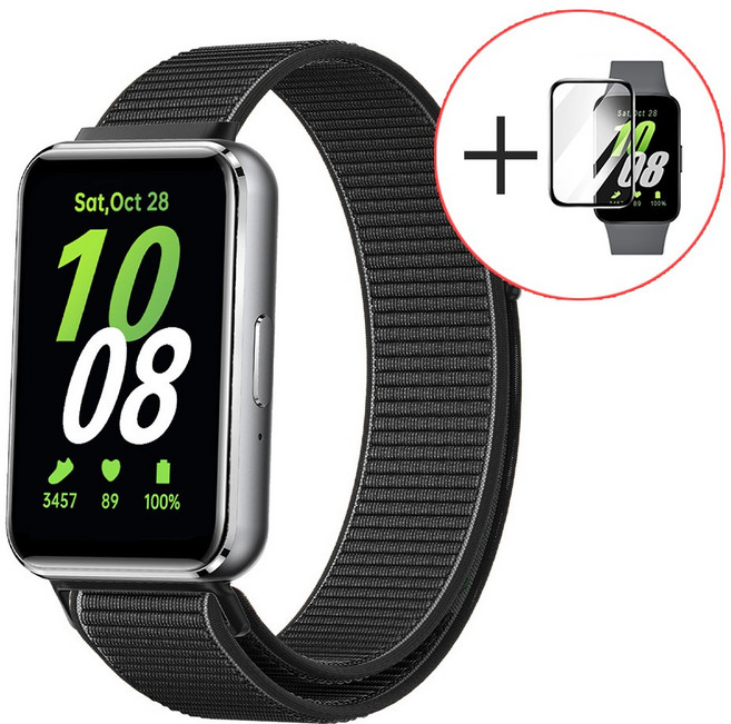 갤럭시핏3 스포츠루프 스트랩 나일론 밴드 시계줄 (PMMA필름 증정), Galaxyfit3, 블랙
