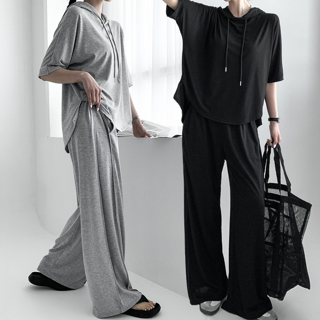 렛잇샤인 빅사이즈 쿨링 냉감 여름 캐주얼 언발 후드티+벌룬 버뮤다 와이드팬츠 상하의세트