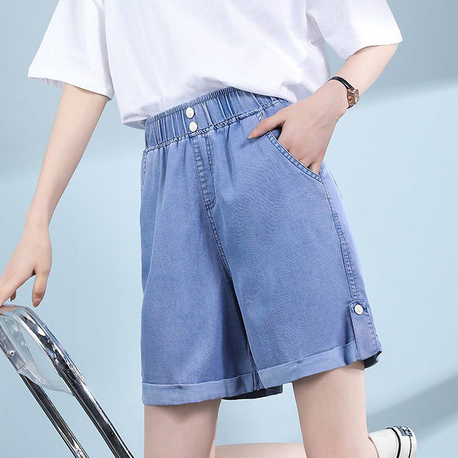 AOKADA 여성 여름 텐셀 와이드 청반바지 밴딩 하이웨스트 롤업 일자 5부 데님 팬츠