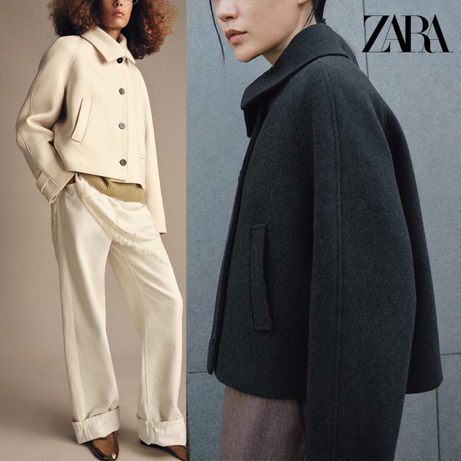 ZARA 자라 여성 울 숏 코트 ZW 컬렉션 쇼트 짧은 아우터 다크그레이 크림