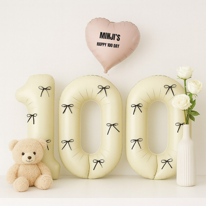 해피제이니 50일 100일 셀프촬영 하트풍선 빅숫자 풍선세트(레터링 시트지3장 포함), 1세트, 베이지블랙리본100