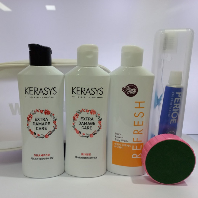 휴대용 세면 도구 가방 7종 세트(샴푸 린스 바디워시 치약 칫솔 발 각질제거 세면가방), 7개, 180g