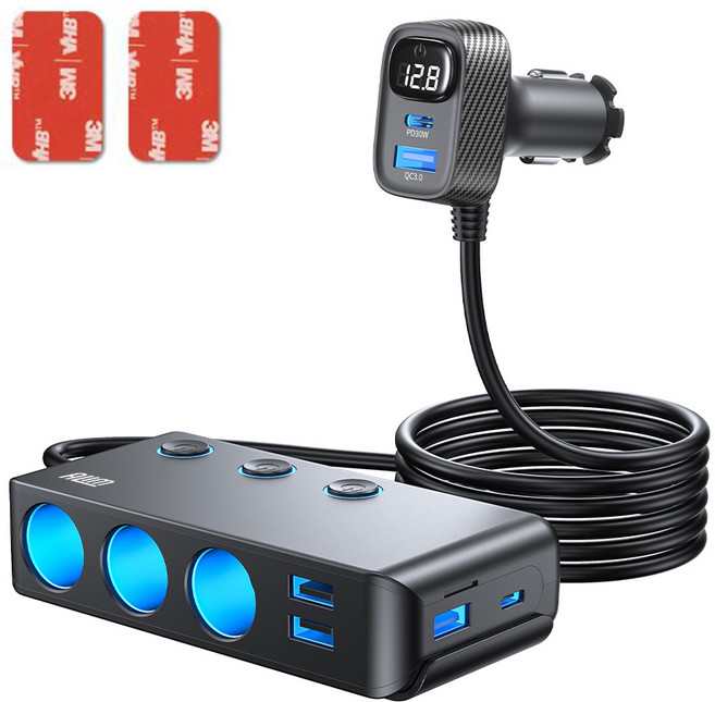 아림 차량용 개별 스위치 3구 멀티 시거잭 소켓 초고속충전 120W 200W 6포트 볼트게이지 전압 표시, 블랙, HC67CPro X3