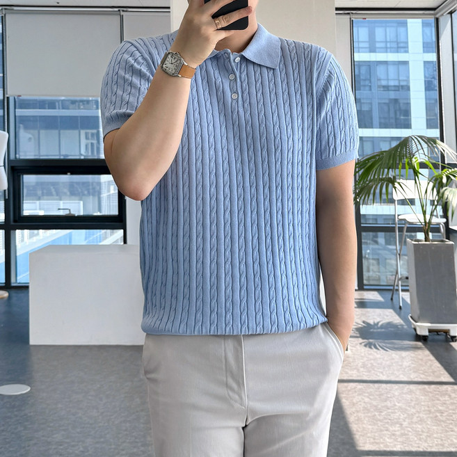 룩플레인 면 백프로 워셔블 케이블 여름 반팔 니트 카라 티셔츠 7color