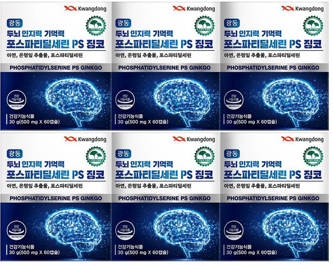 광동 두뇌 인지력 기억력 포스파티딜세린 PS 징코 은행잎 추출물 혈행개선, 6개, 60정